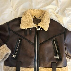 Zara Dark Brown Aviator Jacket with Cream Shearling
